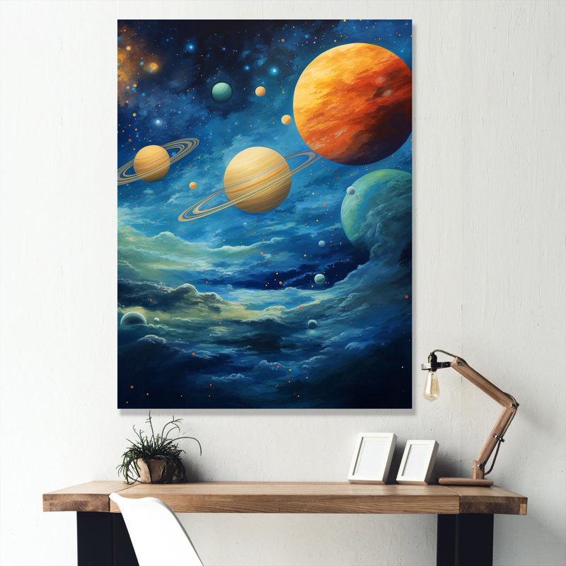 Bleu et orange, planète Odyssey III - espace, art mural, Toile tendue, H 32 po x l 24 po x P 1 po
