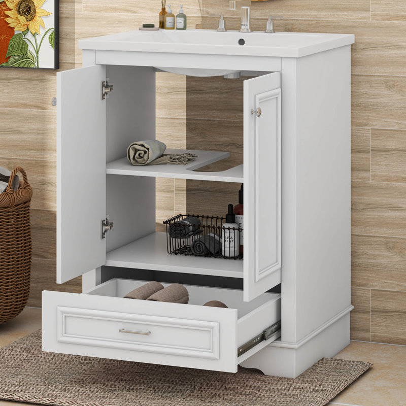 Meuble-lavabo autoportant avec tablettes réglables Modern, Blanc, Argent argent