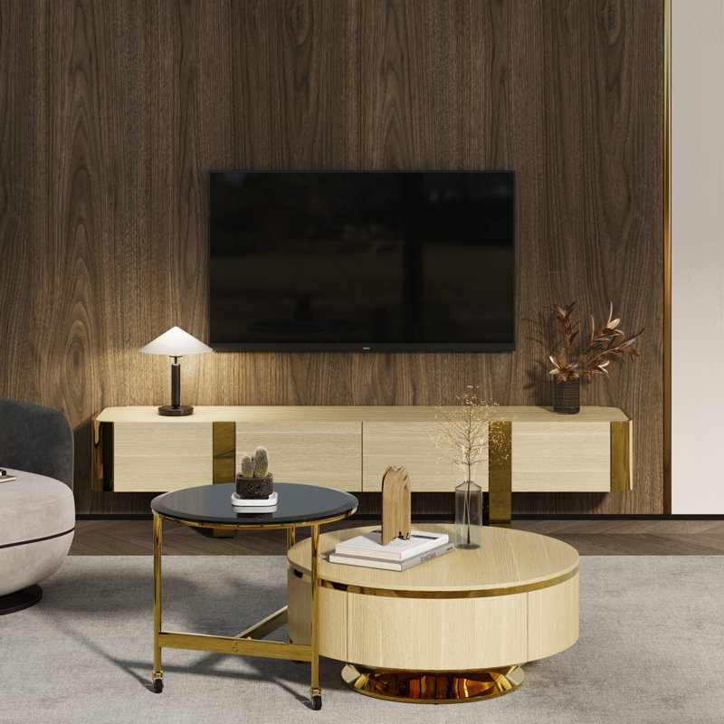 31.5 Inch Wood And Gold Nesting Coffee Table Set With Two Storage Drawers, Natural Wood, Gold