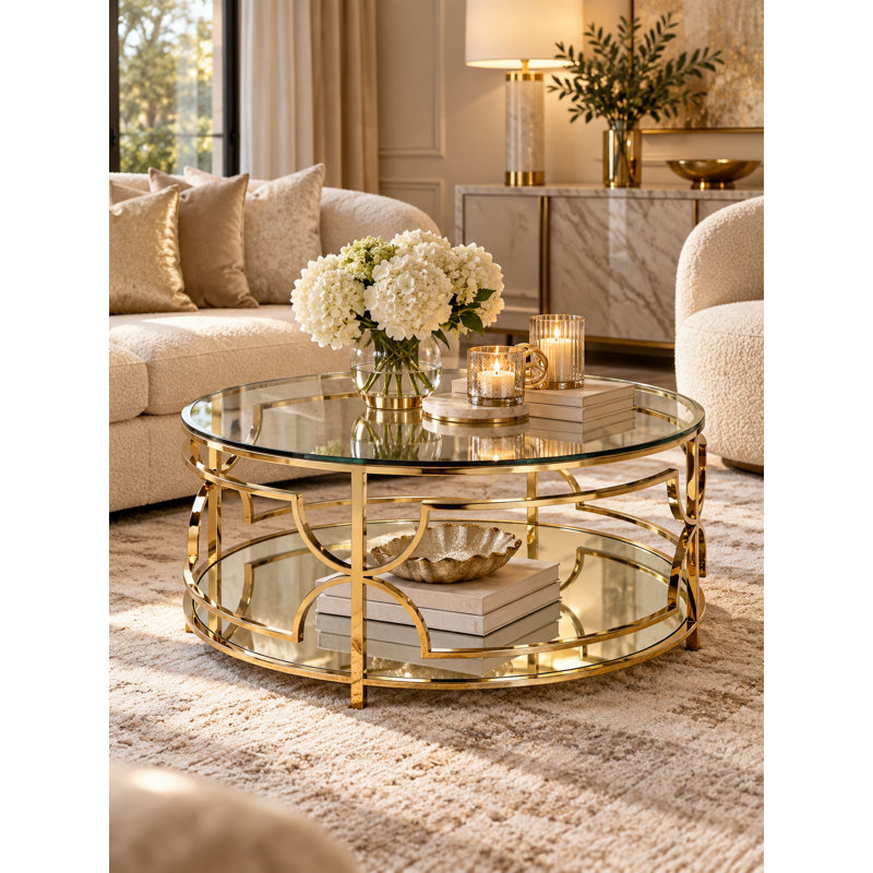 Table basse 39 po avec plateau de rangement en verre trempé et plateau de rangement, Or poli lustré