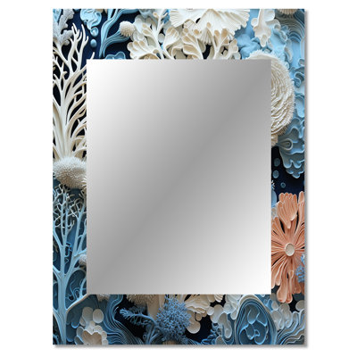 Under Water Blue And White Corals Collage I - Coastal Decorative Wall Mirror, Blue Mirror, Printed Metal Art