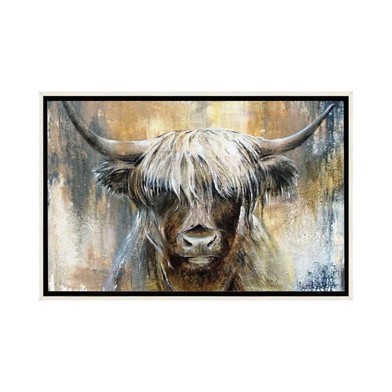Highland Cow I, encadrée par Studio Paint-Ing, impression, Toile encadrée flottante blanc vieilli