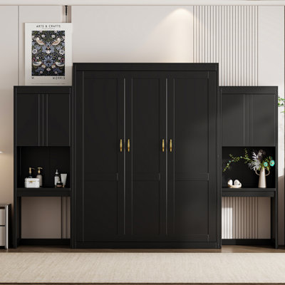 Queen Size Murphy Bed with Desk, Vanity & Cabinets – Space-Saving Multi-Functional Wall Bed, Espresso