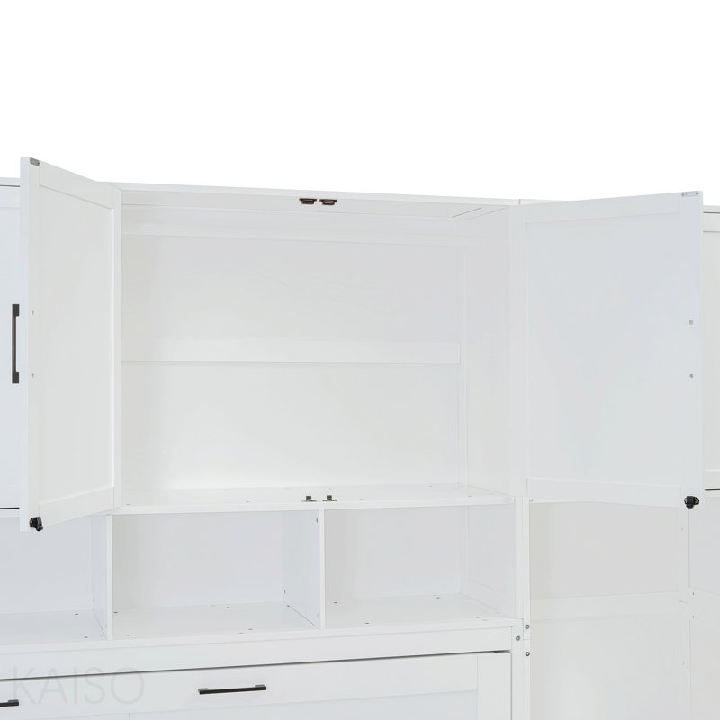 Lit escamotable mural simple avec placard, tiroirs et bureau - blanc, White