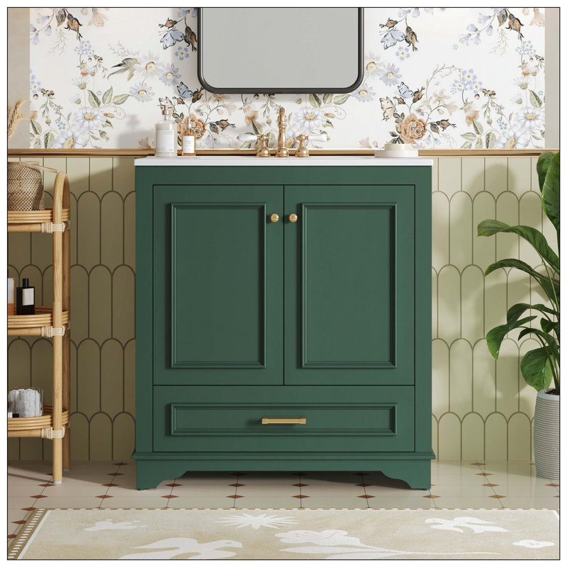 Luxurious Bathroom Vanity Ceramic Sink 2 Large Soft-Closing Doors Solid Wood Storage, Green
