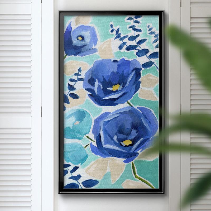 «Blue Modern Garden II», peinture sur toile encadrée, H 10,5 po x l 18,5 po x P 1,5 po, Cadre noir