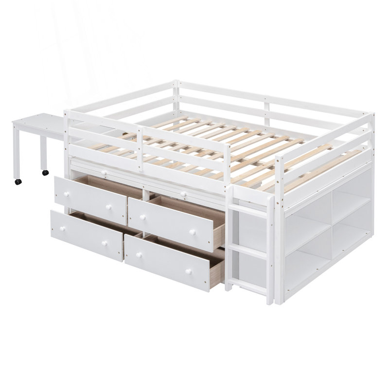 Lit mezzanine double avec bureau d'écriture rétractable et 4 tiroirs