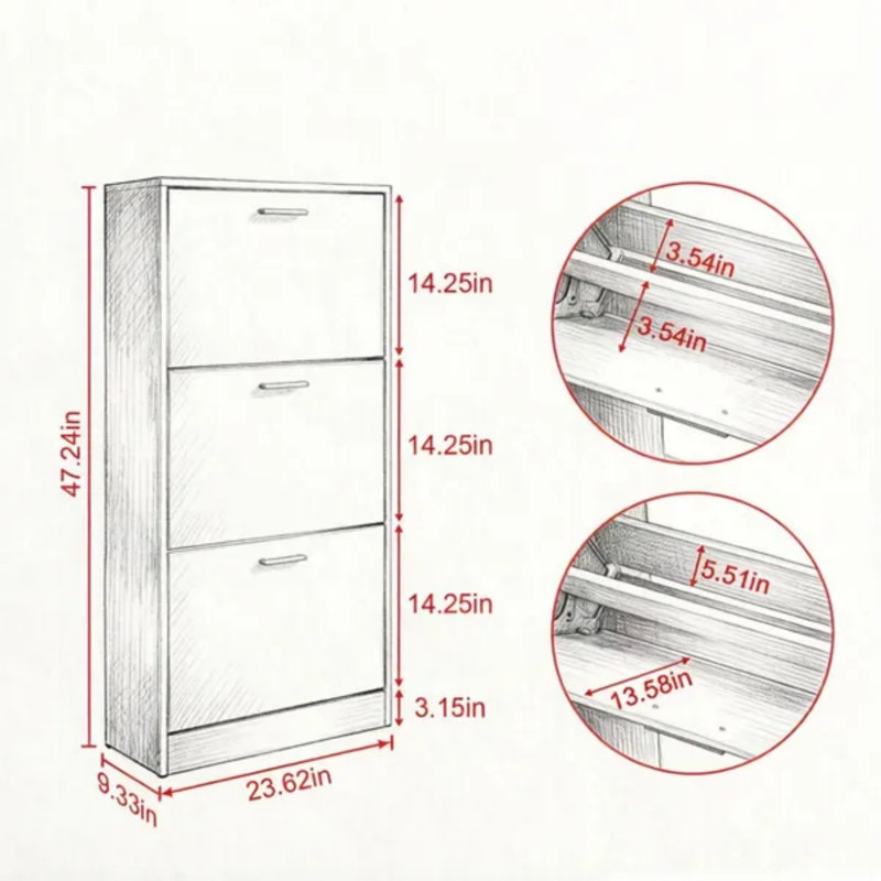 Armoire à chaussures 3 tiroirs à tiroirs rabattables, organisateur de porte d'entrée en bois à profil mince de 6,3 po, étagère à chaussures étroite anti-basculement pour petits appartements et couloirs 