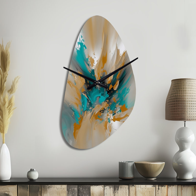 Jaune et turquoise - encre fluide en marbre - horloge murale en forme de marbre, Grand