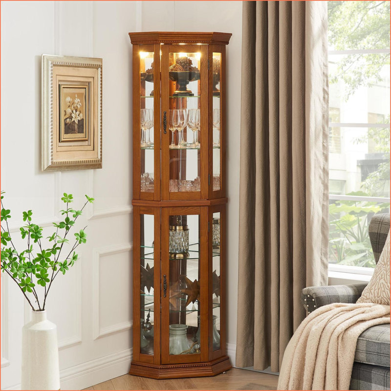 Armoires: Curio de coin éclairé avec dossier en miroir, tablettes réglables, bois d'ingénierie brun noyer, H 69,75 po x l 21,5 po x P 16 po | Traditionnel | En coin