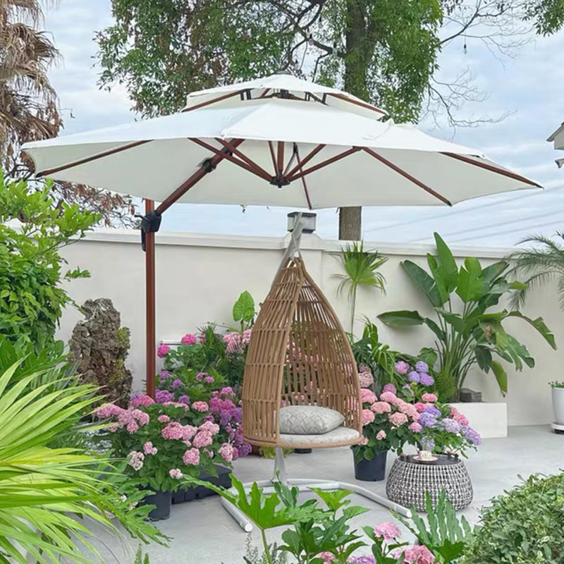 Epperly Round Wood Pattern Cantilever Umbrella with Base, Cream, 108" H x 132" W x 132" D