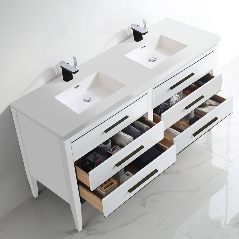Alonsa 61" Double Bathroom Vanity with Resin Top, Double, White/Black