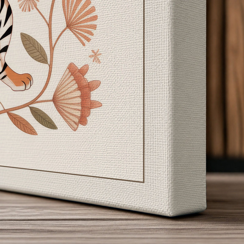 Leaping Tiger with Florals Boho 1 Piece Wrapped Canvas Wall Art, 36x24 - 91.4 x 61.0 cm, Cream Border