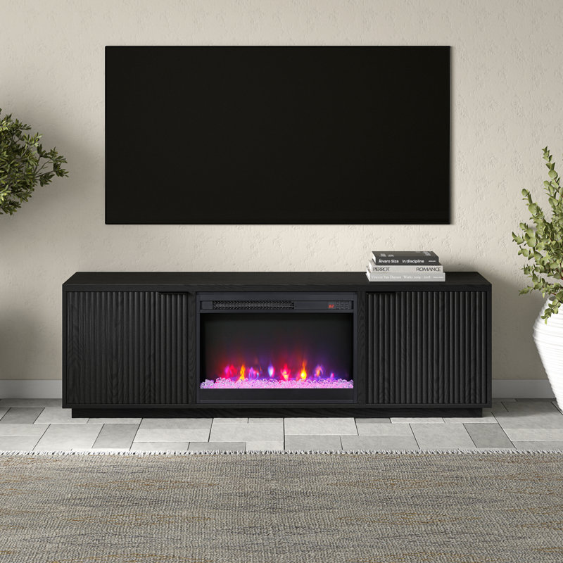 Mansfield Rectangular Fluted TV Stand with 26" Crystal Fireplace for TV's up to 78" in Black Grain, Espresso Wood