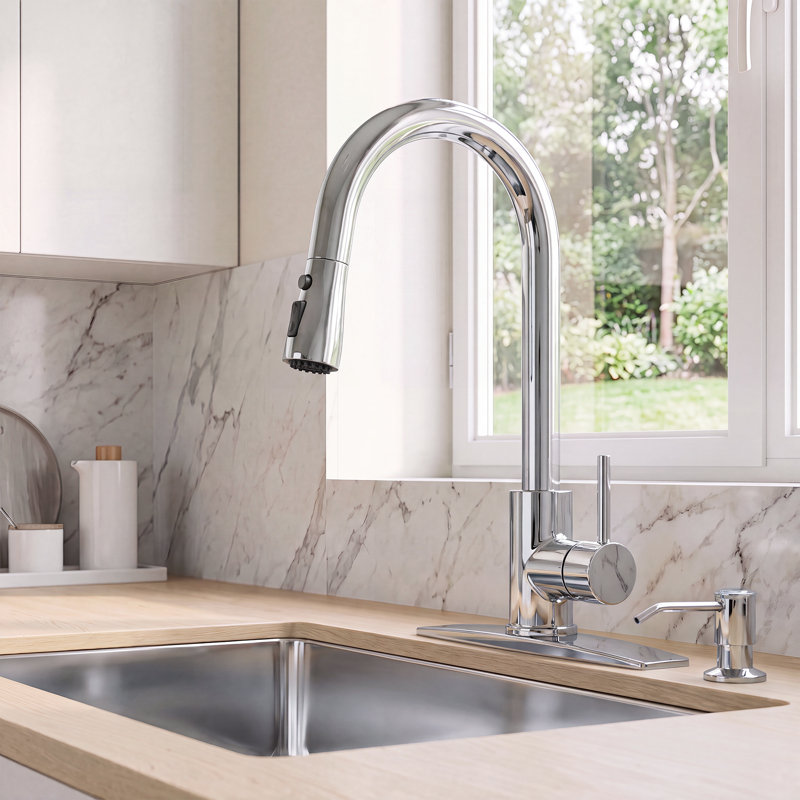 Robinet de cuisine rétractable à poignée simple avec accessoires, Chrome