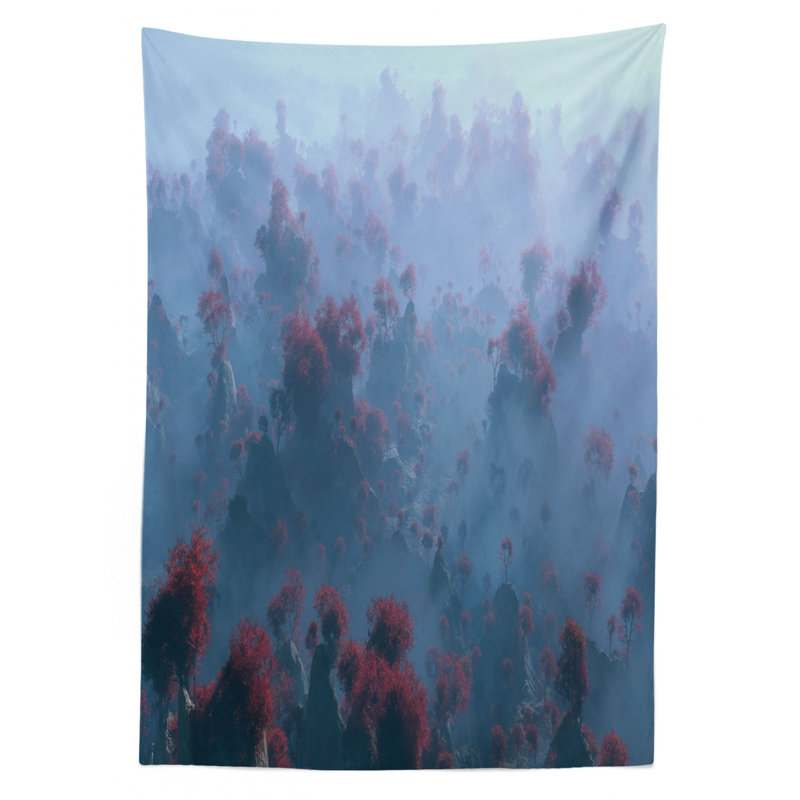 Ambesonne Mystic Tablecloth, Aerial Of Mystic Mountain Landscape With Autumn Trees In The Mist Wilderness Image, Rectangular Table Cover For Dining Room Kitchen Decor, 52" X 70", Grey Orange
