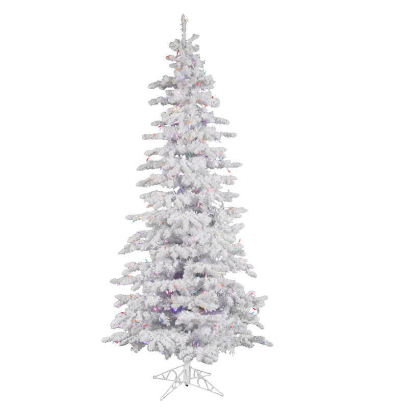 7.5' Flocked White Spruce Christmas Tree with 550 LED Multicolored Lights with Stand