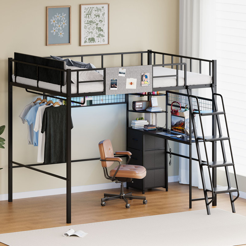 Lit mezzanine double avec bureau, station de charge, lumières DEL et rangement, Noir, noir, noir, noir