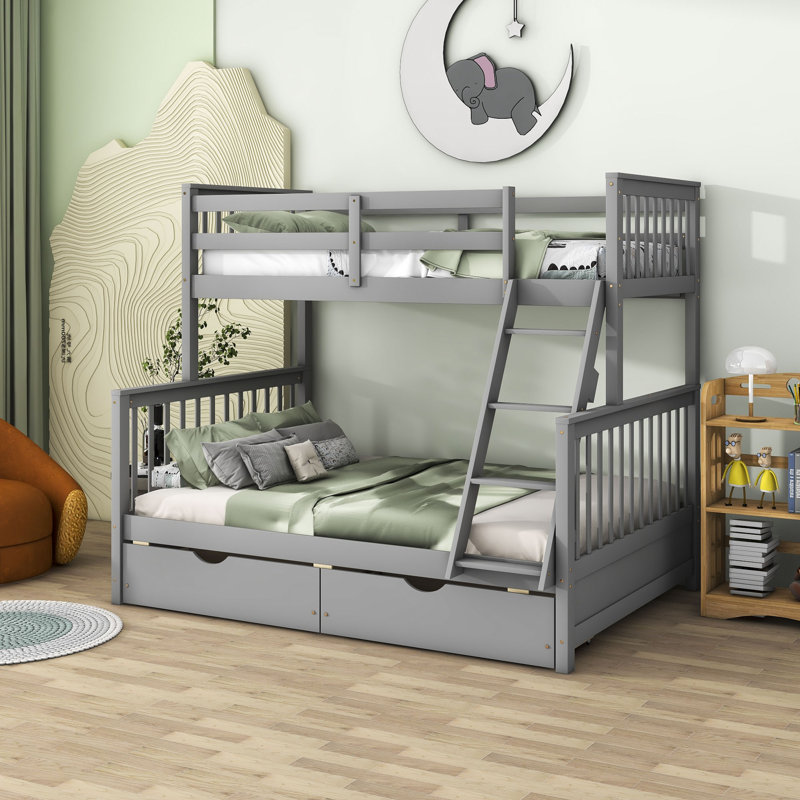 Lit superposé simple au-dessus de double en bois avec deux tiroirs de rangement Desmona, gris