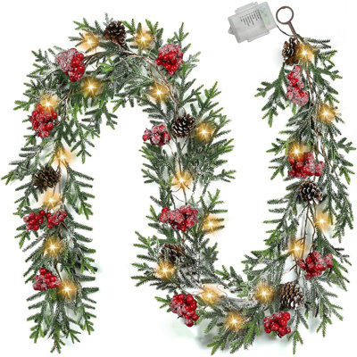 6ft Christmas Garland With Lights, Christmas Decor Pre-lit Artificial Pine Garland With Battery Operated Timer, Decorations Indoor Outdoor Home Holiday Flocked Garland For Mantel Window Stairs Wall