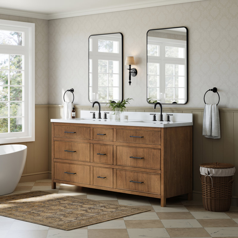 Ensemble de meuble-lavabo double 72 po Isola, Brun, Noir mat, Quartz blanc