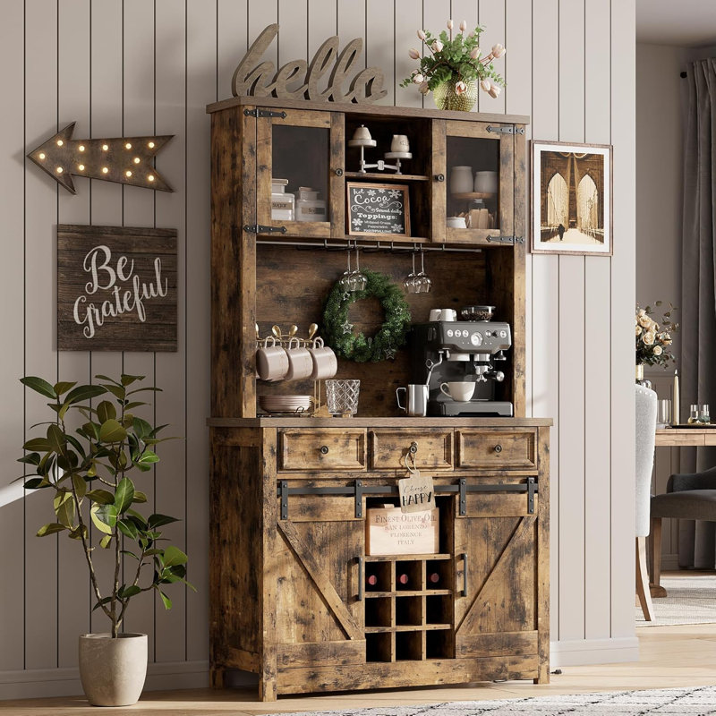 Farmhouse 72'' Coffee Bar Cabinet with LED Light and Power Outlet, Large Kitchen Hutch with 3 Drawers and Wine Glass Rack, Sliding Barn Door Tall Wine Cabinet for Home Bar