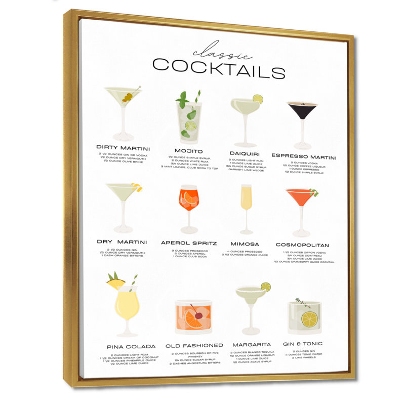 Recettes de cocktails classiques - Art mural de salon, cocktails, Cadre flottant doré, H 32 po x l 16 po