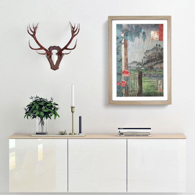 Flowers in the Rain by Kobayashi Kiyochika - Picture Frame Painting Print, 48cm H x 36cm W x 2cm D, Oak Framed