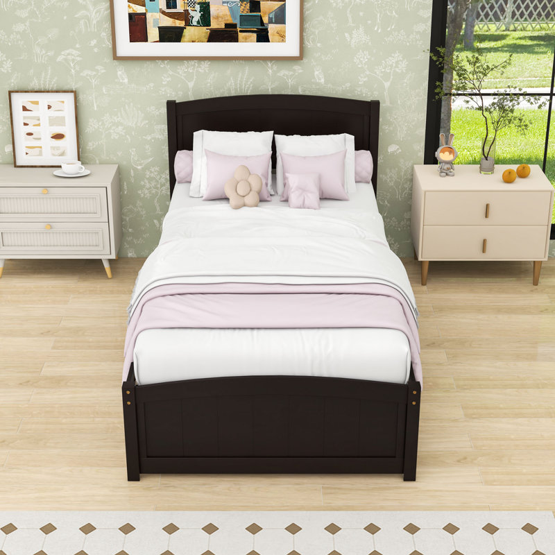 Lit plateforme simple en bois avec lit gigogne simple, Espresso