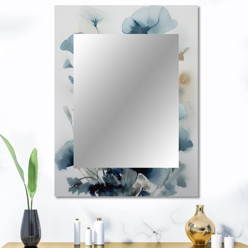 Blue Leaf Foliage And Flowers I - Leaves Decorative Mirror, Traditional Wall Mirror, Printed Metal Art, 40" x 30"