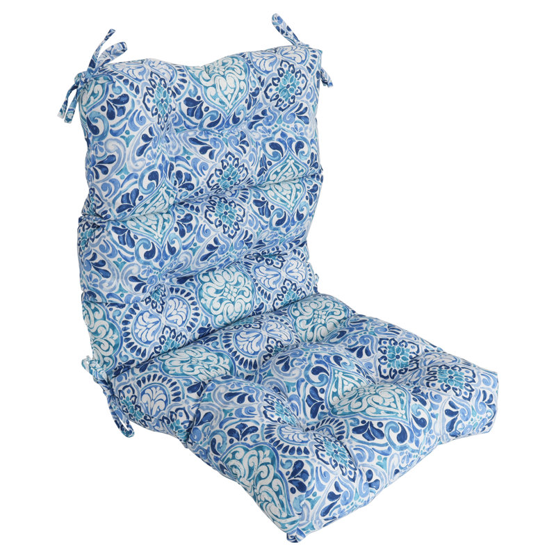 Outdoor Tufted Seat/Back Chair Cushion, 22" W x 21" D, White/Blue/Fiorella Baltic Moroccan