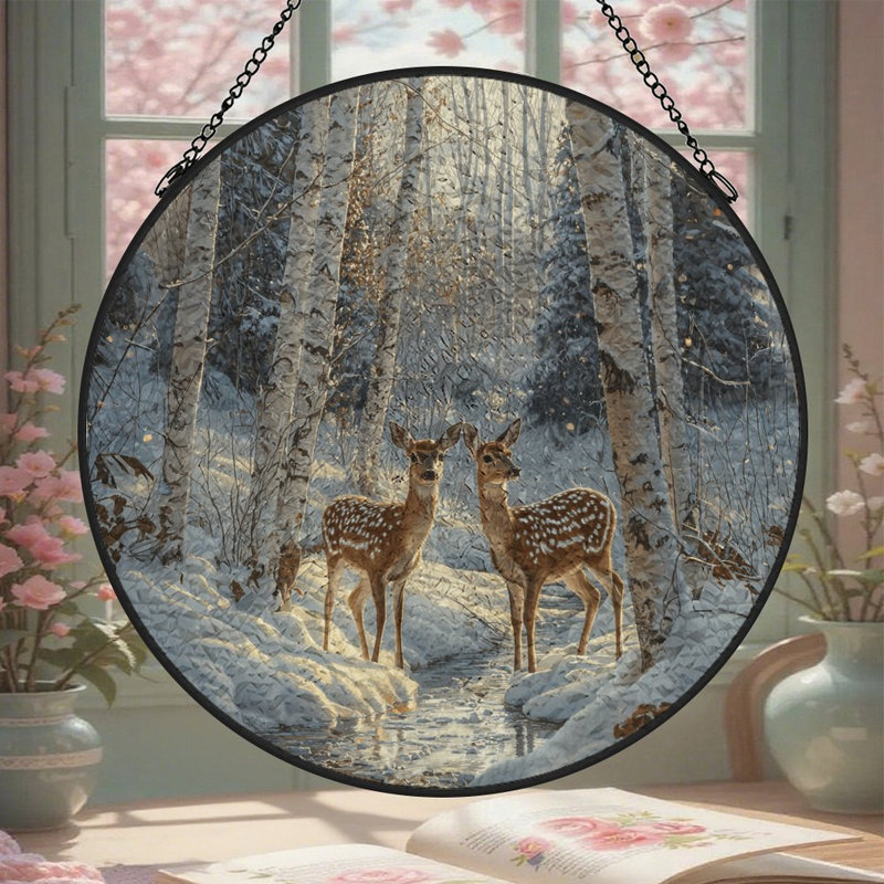 Panneau de vitrail cerf par Winter Stream, 6,3 x 6,3 po (16 x 16 cm)