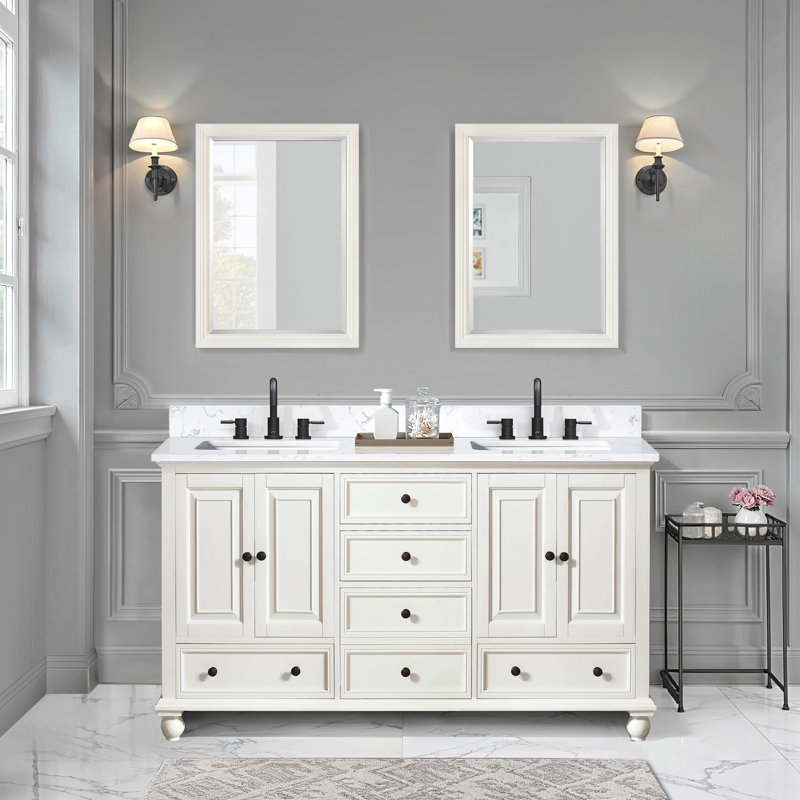 Thompson 61" Double Modern Bathroom Vanity Set, French White, Cala White, 60"