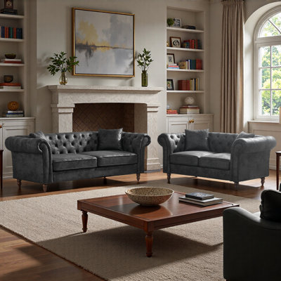 Ensemble de canapé 3 + 2 places, canapé rembourré Chesterfield en tissu Mid-Century, canapé en tissu High-Tech