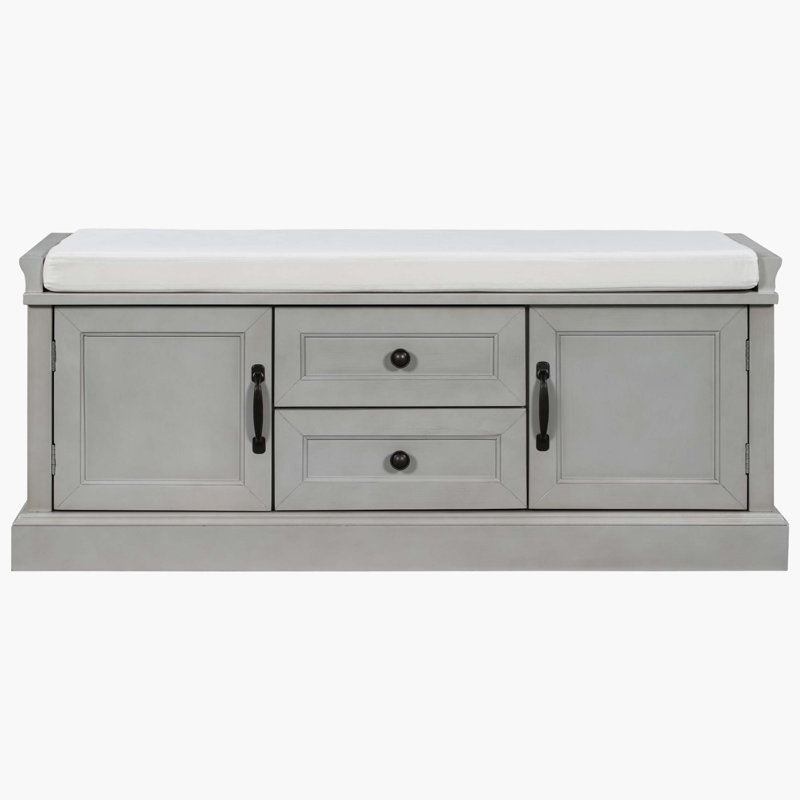 Storage Bench With 2 Drawers And 2 Cabinets, Shoe Bench With Removable Cushion For Living Room, Entryway, Gray Wash