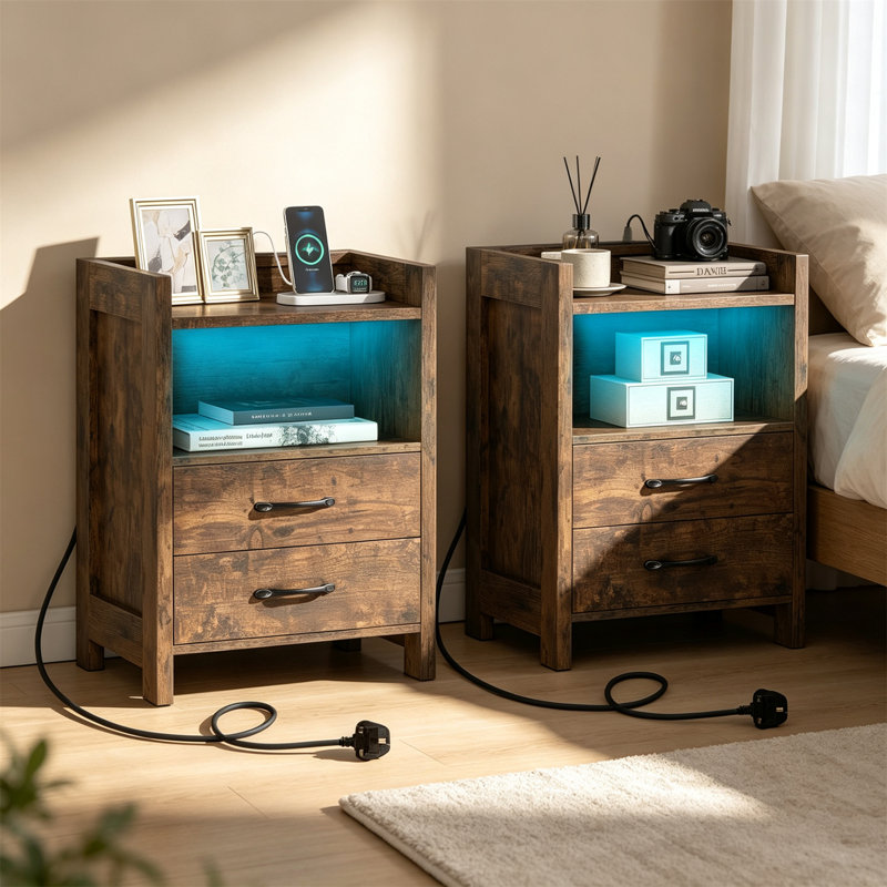 Set of 2 Nightstand with LED Lights, Rustic Brown