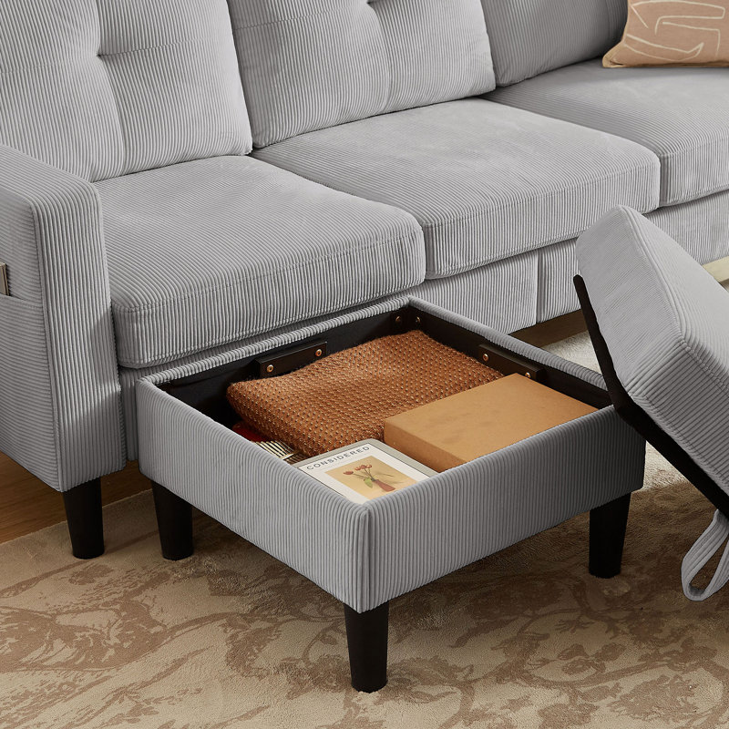 Canapé modulaire en velours côtelé avec repose-pieds et poches de rangement latérales, Velours côtelé gris pâle
