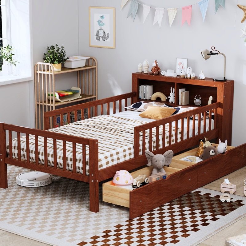 Lit simple avec rangement pour tête de lit et garde-corps sécurisés, qualité noyer, Noyer