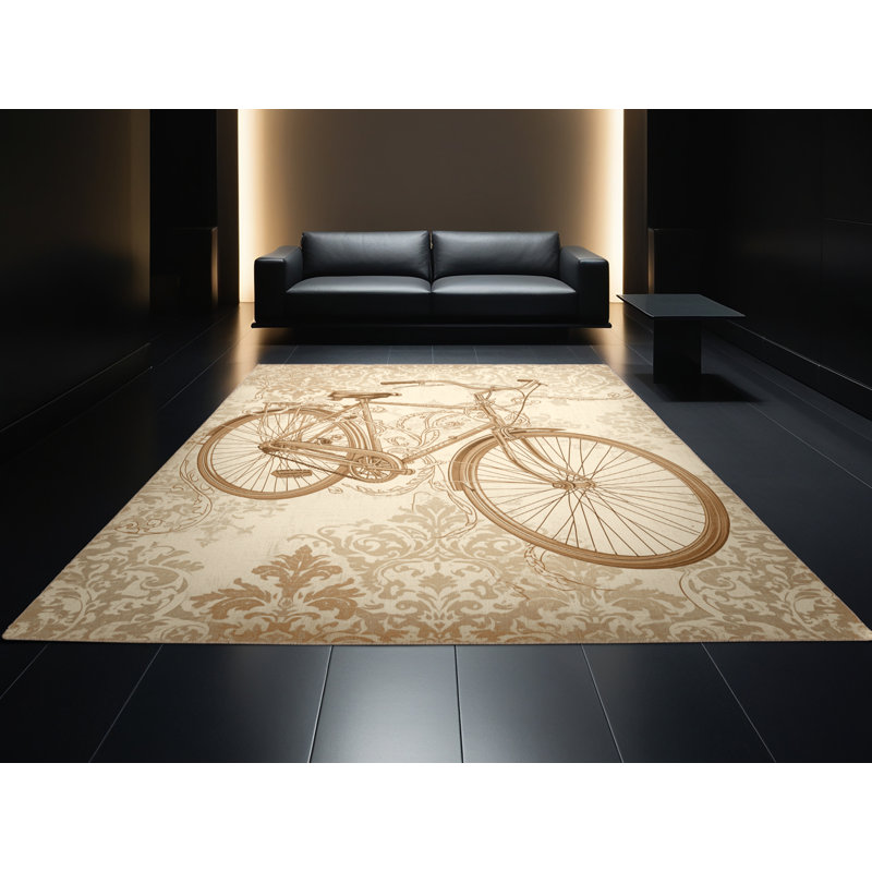 Machine Washable Vehicles And Transportation Vintage Bicycle Vintage Damask Rug in Beige – Beige Binding, 7x10