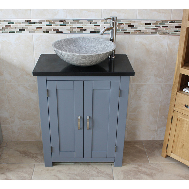 Roberge 650mm Single Bathroom Vanity with Vessel Stone Basin, Black Quartz, Grey, Grey