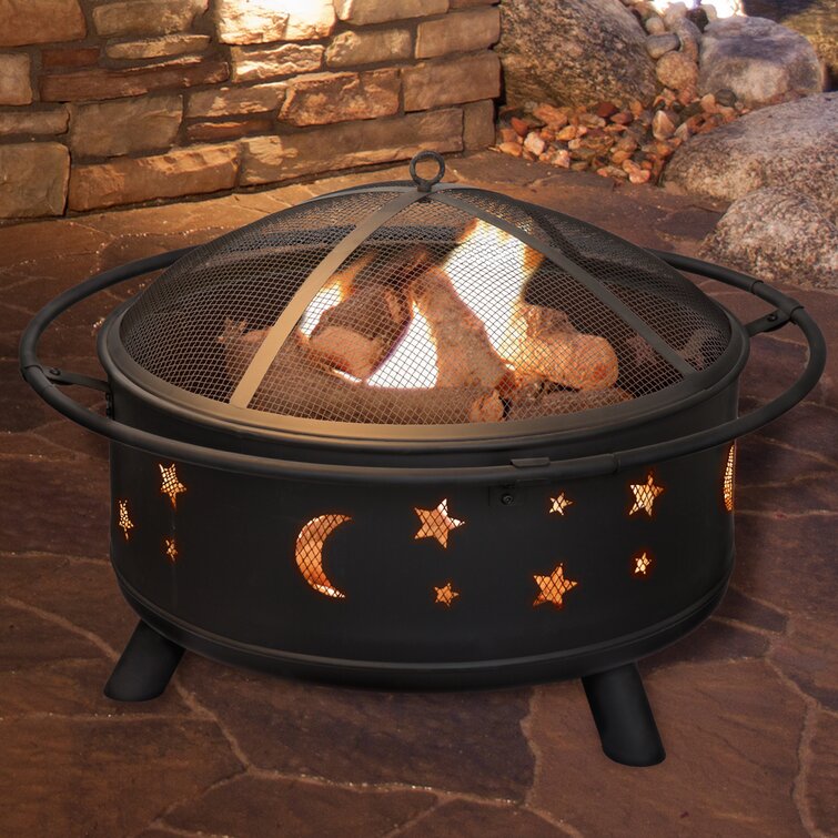 Dyess 32-Inch Star and Moon Outdoor Wood Burning Firepit with Screen, Poker and Cover