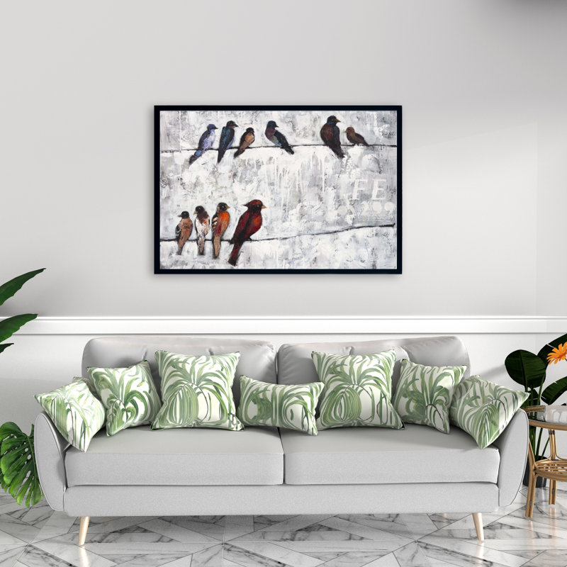 Colourful Birds on Branches - Red Framed Canvas Home Decor, 37.25" H x 25.25" W