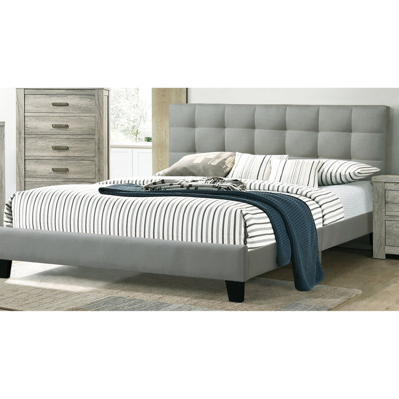 Lit double au design moderne avec tête de lit grise et rembourrage en mousse contemporain, Lit double, Gris clair