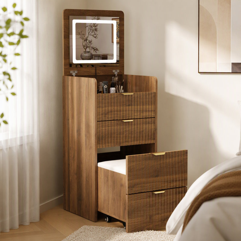 Meuble-lavabo 3 en 1 avec 3 tiroirs et tabouret à roulettes, meuble-lavabo compact avec miroir et lumières