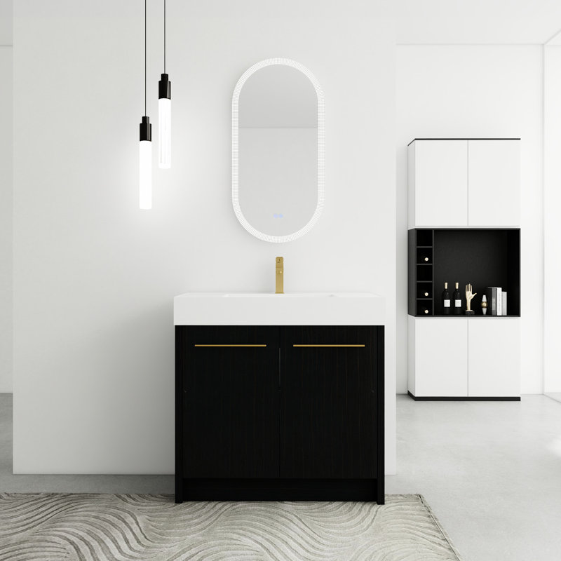 Armoire de salle de bain 36 po avec lavabo en résine et porte de fermeture sans tracas - meuble-lavabo autoportant en châtaignier noir et design 36 po