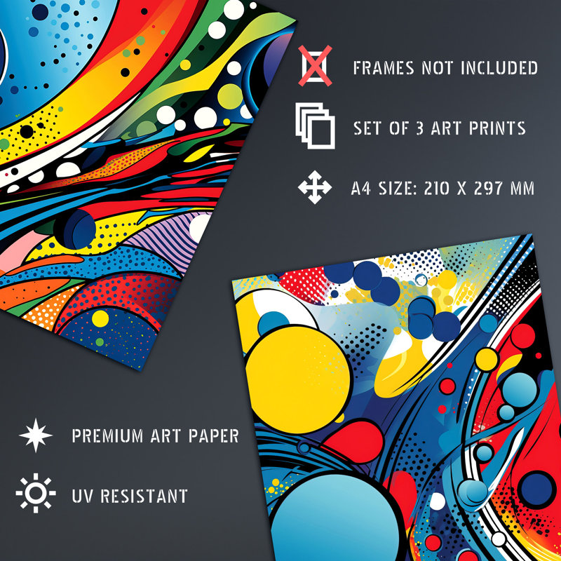 Galactic Soup Abstract Pop Art Planets Discs Space Cosmos - 3 Piece No Frame Print Set, 29.7cm H x 21cm W x 0.4cm D