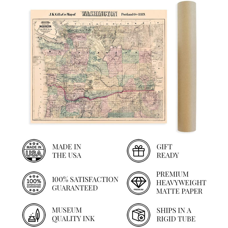 1889 Washington Map, affiche d'art mural, H 20 po x l 24 po x P 0,1 po
