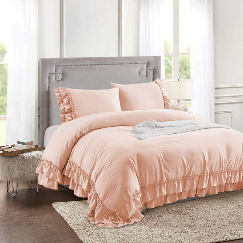 Size 3 Piece Ultra Soft Pre-Washed Duvet Cover Set with Handmade Ruffle Fringe, King Duvet Cover + 2 King Shams, Pink