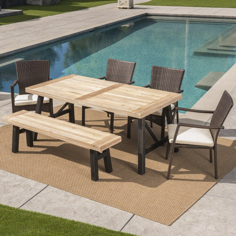 Polen 6 - Person Acacia Wicker Patio Dining Set with Extendable Rectangular Table