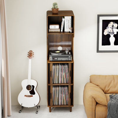 4-Tier Vinyl Record Storage Cabinet with Sliding Doors, 69" Tall Record Player Stand with Large Capacity for Living Room